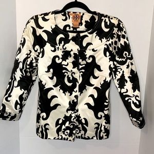 Tory Burch Silk Jacket Black Ivory Damask Fleur-de-lis Luxury Formal Cover Up 6